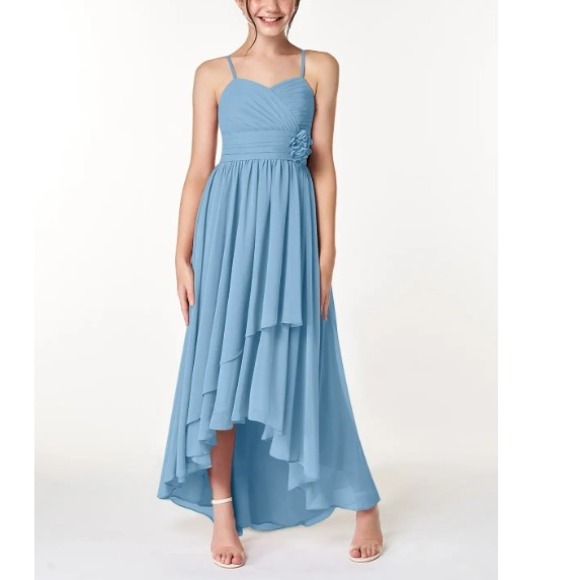 Azazie Catalina Junior Girls Steel Blue A-Line Ruched Chiffon Dress Size J12